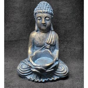 Buddha Figurine Ceramic Blue Statue Tealight Candle Holder 6" Boho Shabby Indie